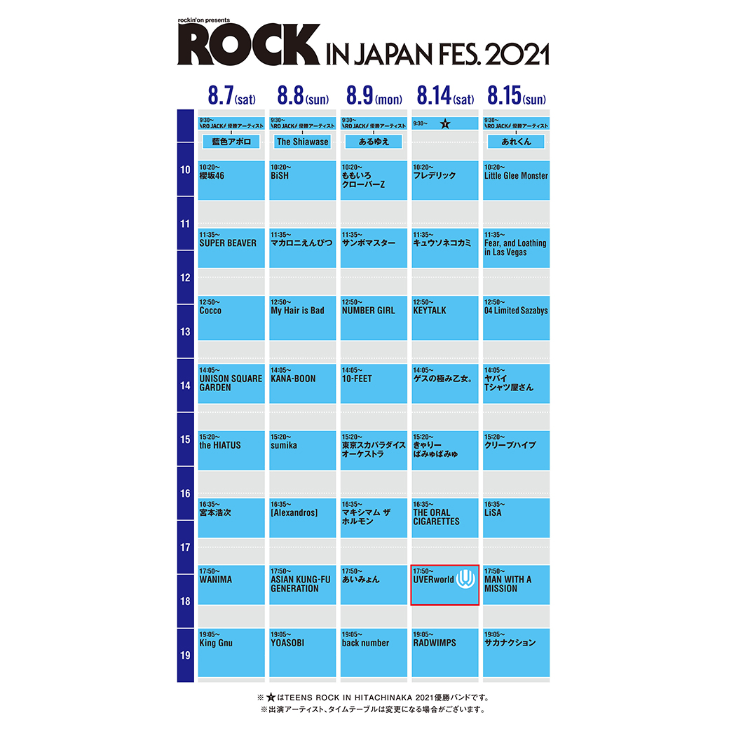 【フェス】rockin'on presents ROCK IN JAPAN FESTIVAL 2021 タイムテーブル決定
